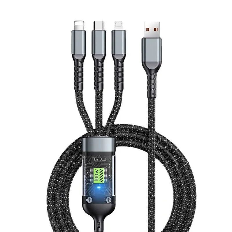3-i-1 USB-kabel – 100W Snabbladdning för iPhone, Android & USB-C
