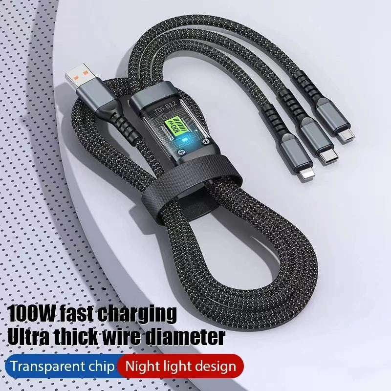 3-i-1 USB-kabel – 100W Snabbladdning för iPhone, Android & USB-C