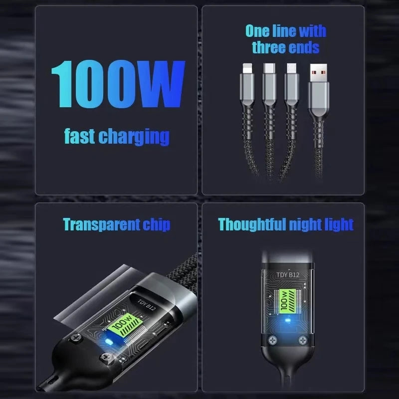 3-i-1 USB-kabel – 100W Snabbladdning för iPhone, Android & USB-C