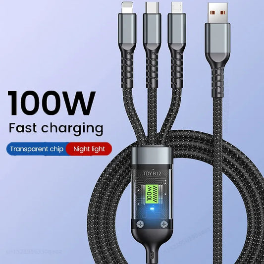 3-i-1 USB-kabel – 100W Snabbladdning för iPhone, Android & USB-C