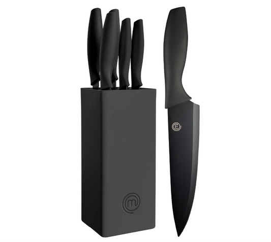 MasterChef Köksknivset med Knivblock – 5 Delar, Rostfritt Stål, Soft-Touch Handtag